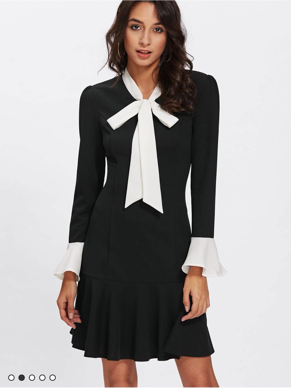 SHEIN Black and White Long Sleeve Bow Midi Dress - Picture 3 of 5